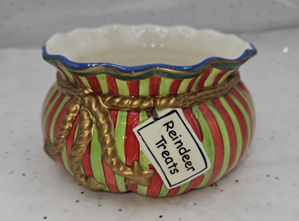 Fitz & Floyd Classics Kringle “Reindeer Treats” Bag Bowl – Handcrafted China...